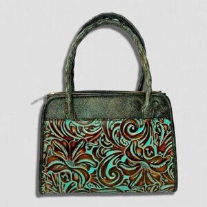 Patricia Nash Paris Satchel Handbag Twisted Rope Handle Leather Brown/Turquoise